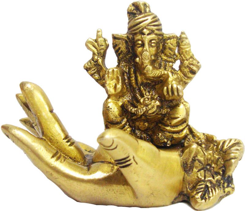 Aesthetic Decors Pagari Ganesh Sitting on Hand Decorative Showpiece - 6.35 cm  (Brass, Gold)