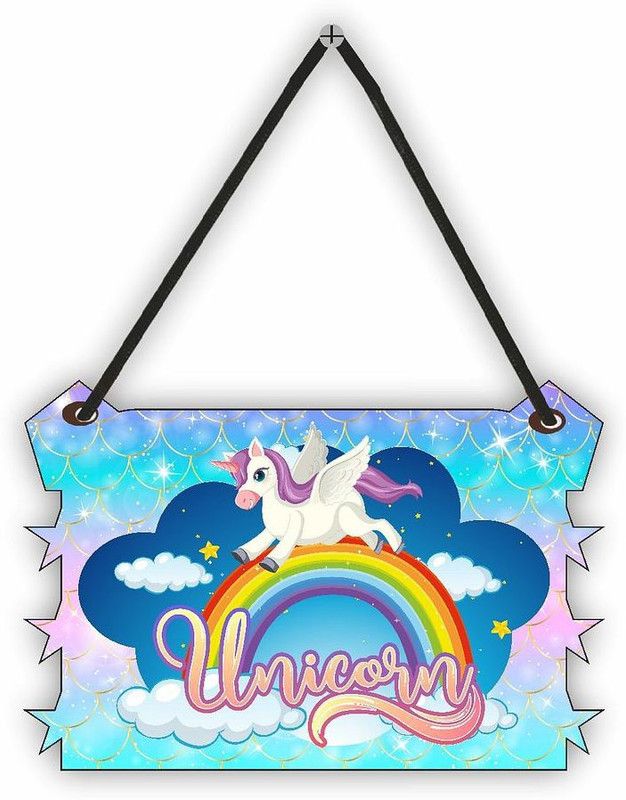 KREEPO Beautiful Unicorn Animal Above Ranibow Wooden Wall Hanging Board_KR02  (SkyBlue)
