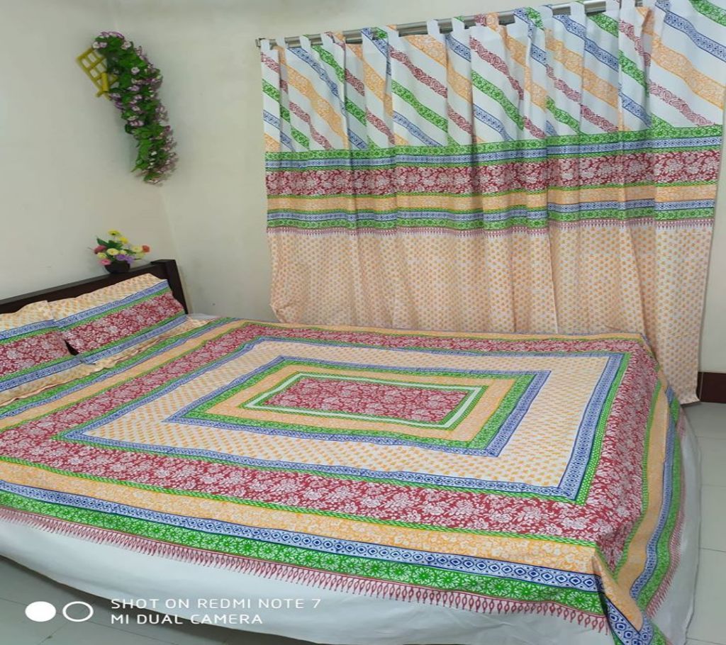 King Size Cotton Multi colors Block Printed Bed Sheet with Matching 2 Pillow Covers-24