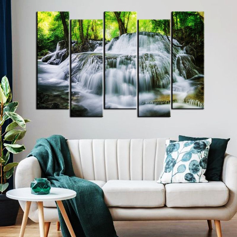 uDecore Beautiful Fountain In Forest Wall Painting/Canvas Print Wall Hanging/Home Decor for Living Room, Bedroom, Office Decoration in 5 Panel set Canvas 24 inch x 40 inch Painting  (With Frame, Pack of 5)