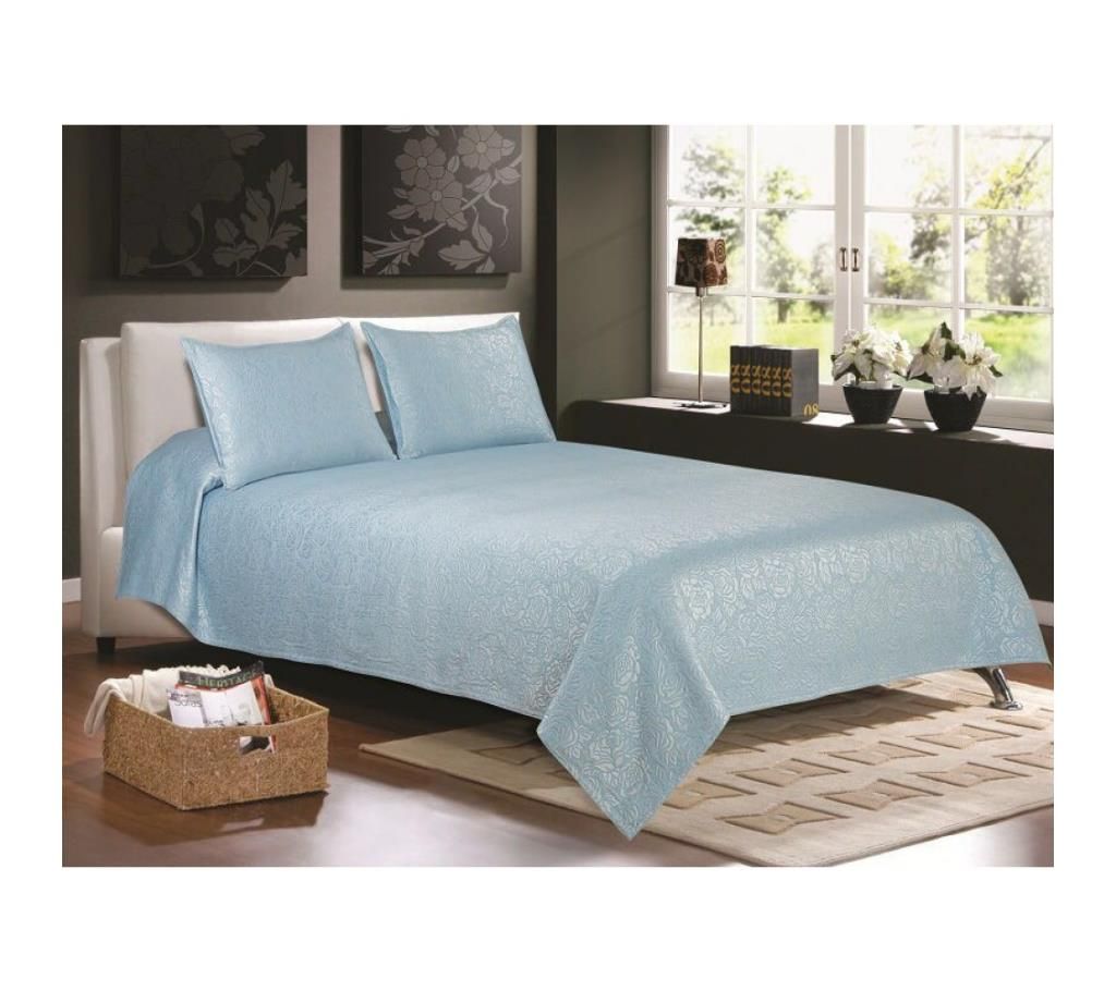 Matelasse King size Cotton Bed Cover with 2 Pillow covers in blue by Ivoryniche
