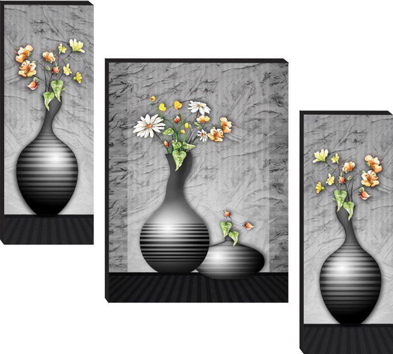 Masstone Flower Pot Modern art 3 Piece MDF Painting Digital Reprint 12 inch x 18 inch Painting  (With Frame, Pack of 3)
