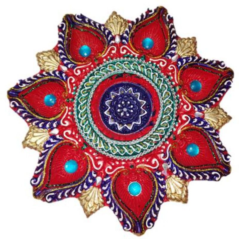 The Box of Gifts Kundan worked Chakra Terracotta Table Diya  (Height: 8.2 inch)