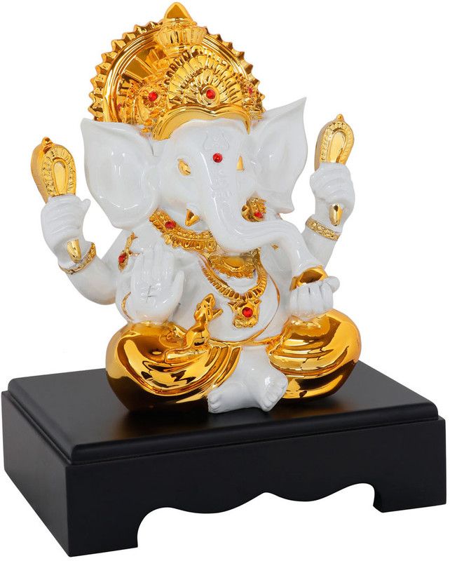 StatueStudio Ganesha Statue Ganesh Murti Ganpati Idol for Home Decor, Diwali & New Year Gift Decorative Showpiece - 14 cm  (Polyresin, White, Gold)