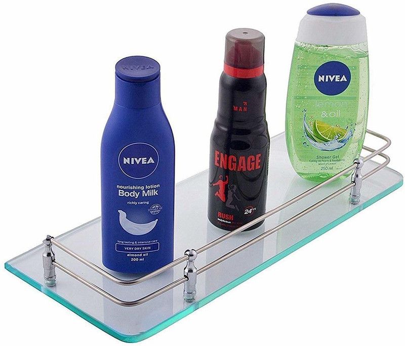 HEXA GOLD 18x6” Clear Glass Bathroom Shelf- 1Pcs /Kitchen Shelf Bathroom Accessories Stainless Steel Wall Glass Wall Shelf  (Number of Shelves - 1, Clear)