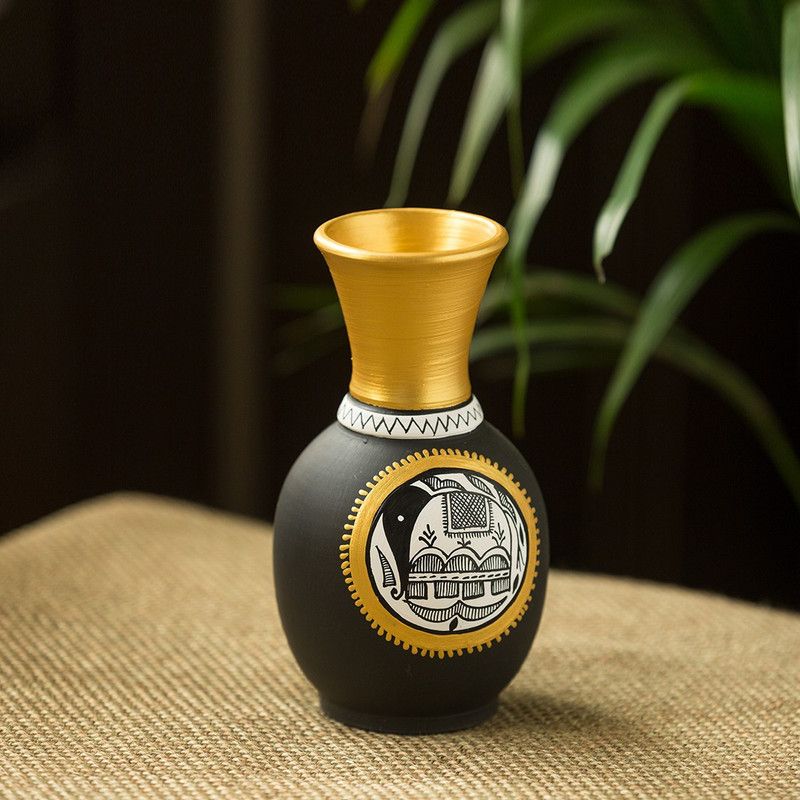 ExclusiveLane 'Long & Tapered' Vase With Intricate Madhubani Hand-Painting Terracotta Vase  (6.4 inch, Black, Gold, Brown)
