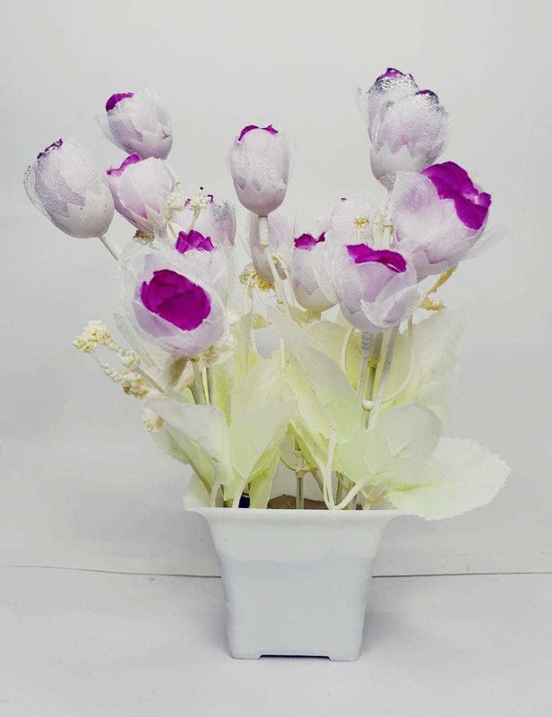 lucario Purple, White Tulips Artificial Flower with Pot  (8 inch, Pack of 1, Flower with Basket)