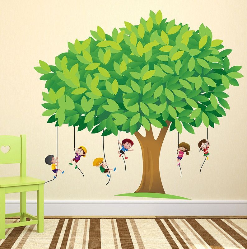 Dumdic 110 cm Kids Play Under Tree Multicolor Extra Large Vinyl Wallsticker (110 cm x 100 cm) Self Adhesive Sticker  (Pack of 1)
