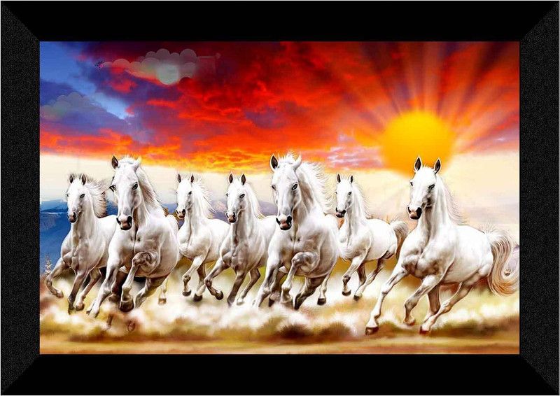 saf 7 Horses Digital Reprint 14 inch x 20 inch Painting  (With Frame)