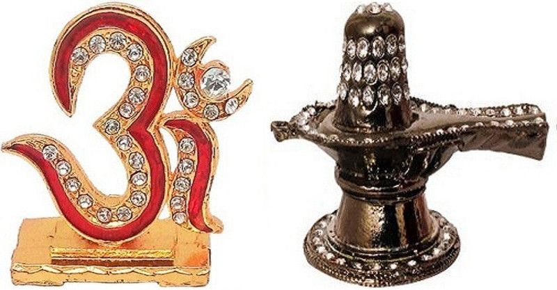 BEI Combo Of 2 Lord Shiva Symbol OM Sign Idol & Lord Shiva Shivling Decorative Showpiece - 3.81 cm  (Brass, Gold)