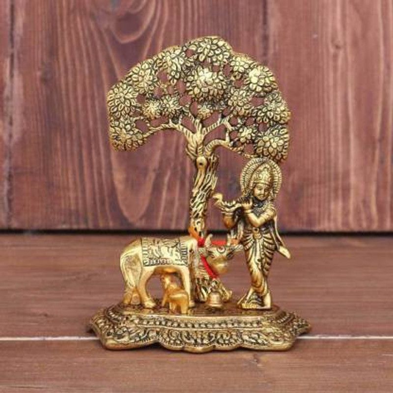 GREENTOUCH CRAFTS Siyaram Krishna Idol with Cow Brass Statue and Calf Under Tree Decorative Showpiece - 18 cm  (Brass, Gold)