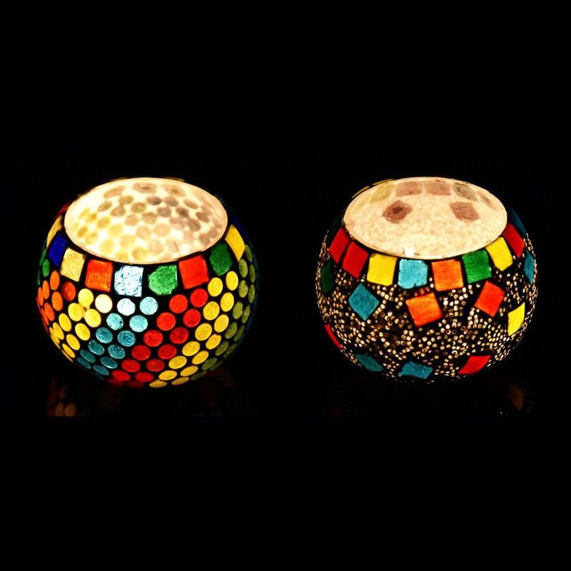 iHandikart Mosaic Tea Light Candle Holder Pack Of 2 (9202) Glass 0 - Cup Tealight Holder  (Multicolor, Pack of 2)