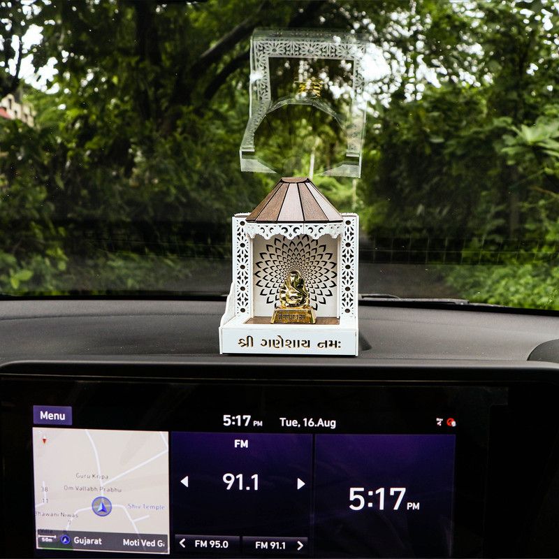 ERIZONE Beautiful Wooden Acrylic Temple for Car | Stylish Little Mandir | Decorative Showpiece - 10 cm  (Wood, Copper)