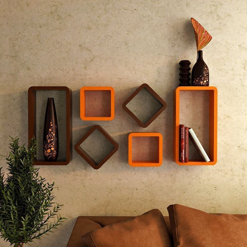 UNIQUE CRAFT HOUSE MDF Wall Mount Cube Wall Shelf For Home and Living Decor - Orange & Brown MDF (Medium Density Fiber), Wooden Wall Shelf  (Number of Shelves - 6, Brown, Orange)