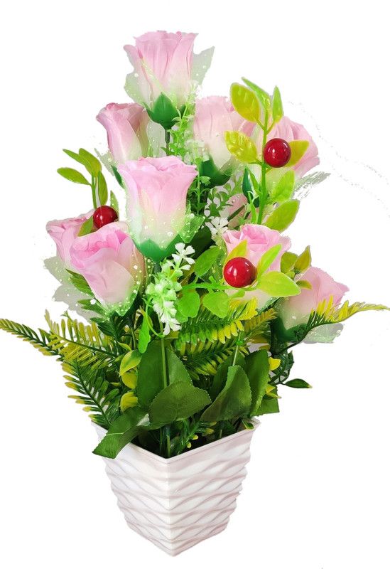 BK Mart Imported Beautiful Light Pink Rose Flower bunch For home Shop Office Decor Pink Rose Artificial Flower with Pot  (14 inch, Pack of 1, Flower with Basket)