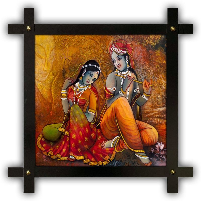 Poster N Frames Cross Wooden Frame Hand-Crafted with photo of Radha Krishna 18153 Digital Reprint 16.5 inch x 16.5 inch Painting  (With Frame)
