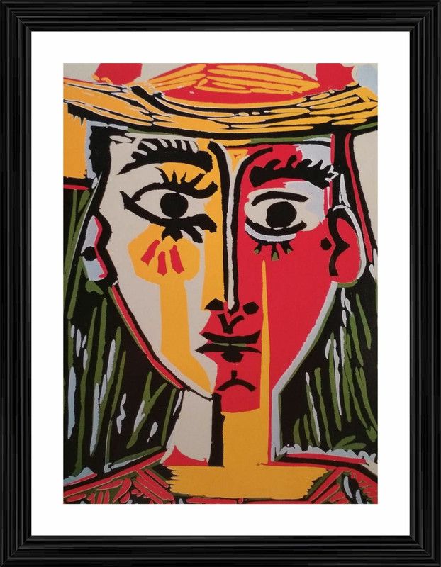 DecorAdventures *Head of a Woman in a Hat* (1962) by Pablo Picaso, Matt Satin Digital Reprint 18 inch x 14 inch Painting  (With Frame)