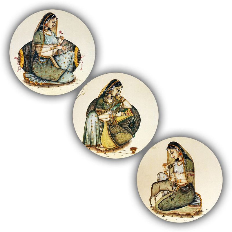 Janki Modern Art Rajasthani Lady 3 Piece Set of 3 Round 6mm MDF Wall Paintings Digital Reprint 12 inch x 12 inch Painting  (With Frame, Pack of 3)