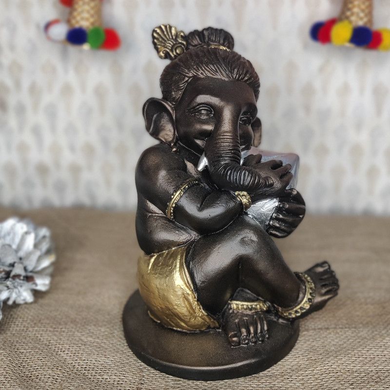 Kunti Craft Handcrafted Lord Ganesha Idols for home decor Decorative Showpiece - 23 cm  (Polyresin, Brown, Gold, Silver)