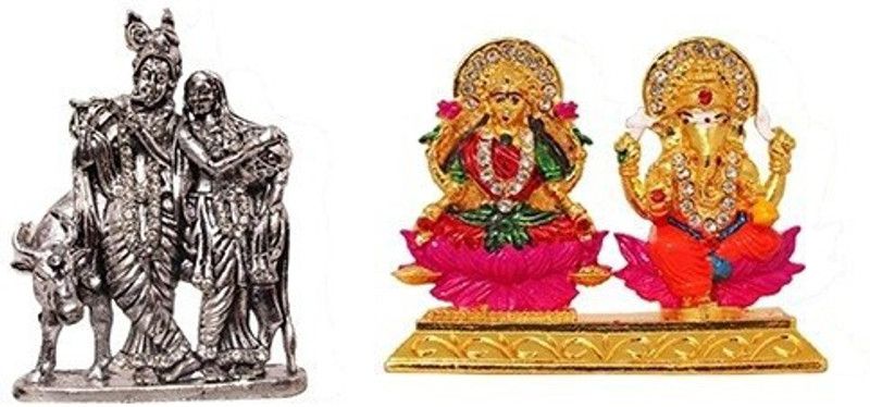 9facts Set of 2 Lord Radha Krishna & Cow God Statue & Goddess lakshmi / Laxmi & Lord Ganesha Idol God Statue Gift Item Decorative Showpiece Decorative Showpiece - 7 cm  (Brass, Multicolor)