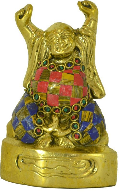 Santarms Brass Laughing Buddha Statue holding hands up with Stone Work Decorative Showpiece - 12 cm  (Brass, Multicolor)
