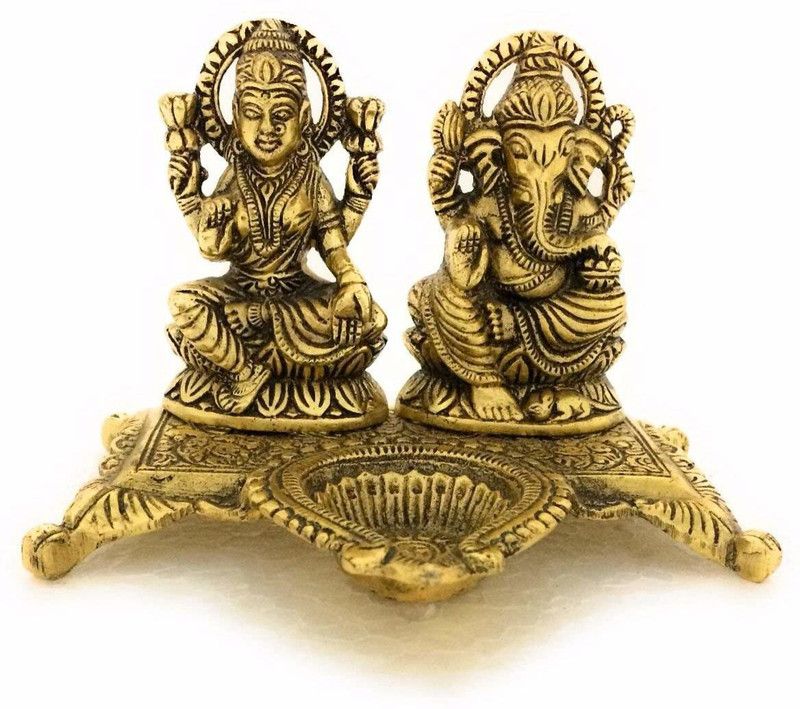 Paheli Craft Metal Lord Laxmi Ganesh Idol Statue With Diya Decoration Pooja Showpiece (6X4 inch, Gold) Aluminium Table Diya  (Height: 4 inch)