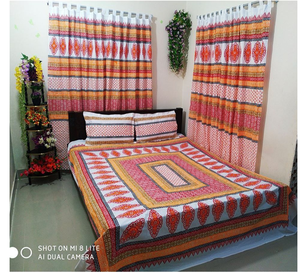 King Size Cotton Multi colors Block Printed Bed Sheet with Matching 2 Pillow Covers-26