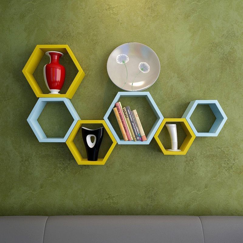 WOODY WORLD Wall Mount Hexagon Wall Shelf/ Shelves For Home Decor/ Set Of 6 - Blue & Yellow MDF (Medium Density Fiber), Wooden Wall Shelf  (Number of Shelves - 6, Blue, Yellow)