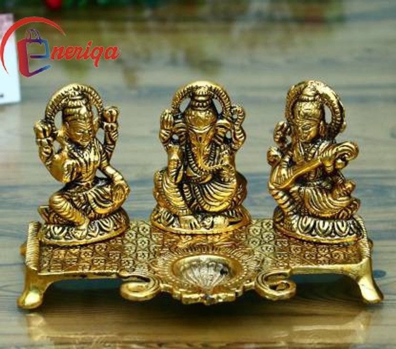 Eneriqa Lakshmi Ganesh Saraswati Idol for Home/Pooja Room, Gold Plated Metal Ganesh Lakshmi Sarawati Murti with Diya Stand for Home Decoration or Gift Decorative Showpiece - 10 cm  (Metal, Gold)