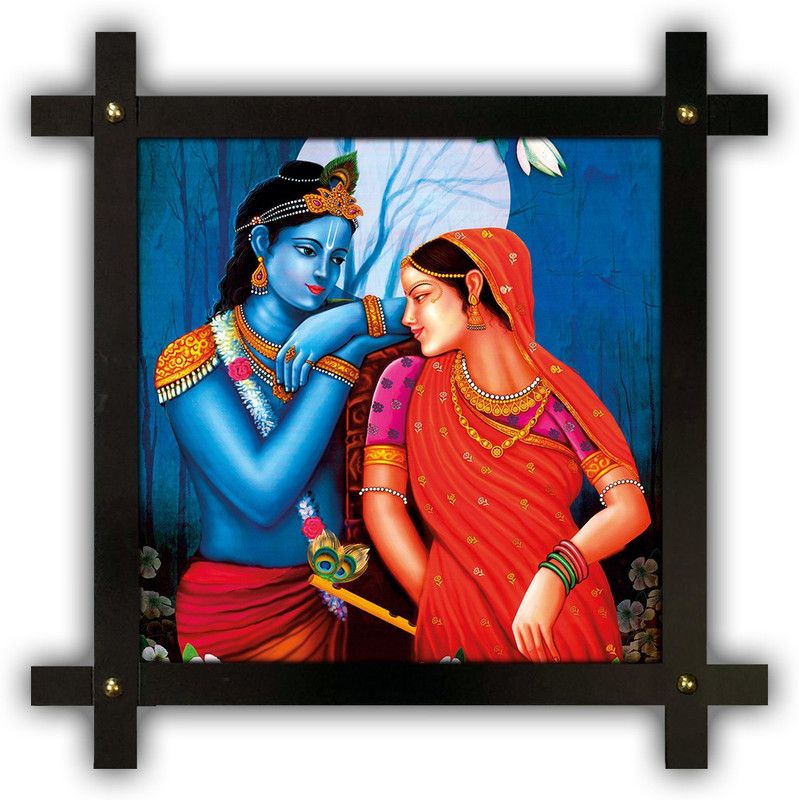 Poster N Frames Cross Wooden Frame Hand-Crafted with photo of Radha Krishna 17434 Digital Reprint 16.5 inch x 16.5 inch Painting  (With Frame)