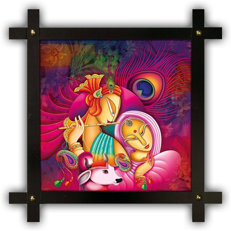 Poster N Frames Cross Wooden Frame Hand-Crafted with photo of Radha Krishna 14764 Digital Reprint 16.5 inch x 16.5 inch Painting  (With Frame)