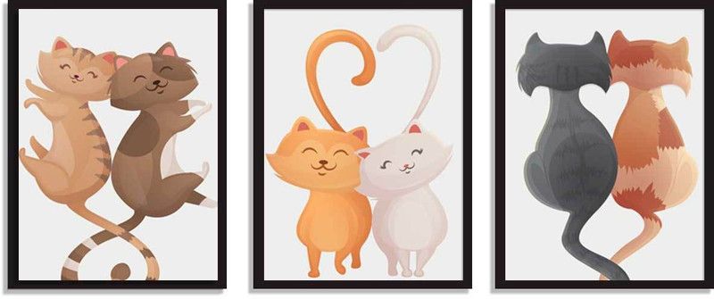 Painting Mantra Set of 3 Biscuit Beige Kitty Black Framed Art Print for Home Décor Digital Reprint 17.5 inch x 12.5 inch Painting  (With Frame, Pack of 3)