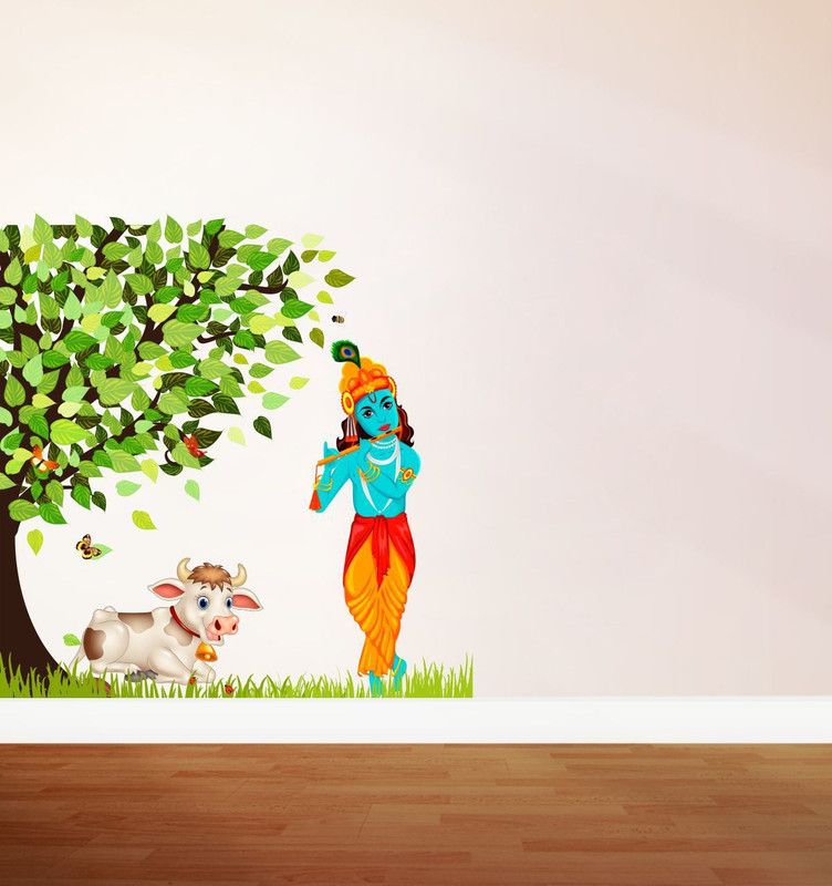 Vcreate Décor 64 cm Krishna with Cow Wall Sticker And Decal Self Adhesive Sticker  (Pack of 1)