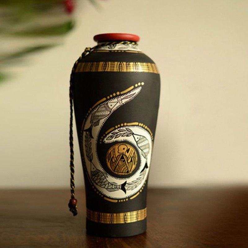 ExclusiveLane Handpainted with Madhubani Art Terracotta Vase  (10 inch, Black)