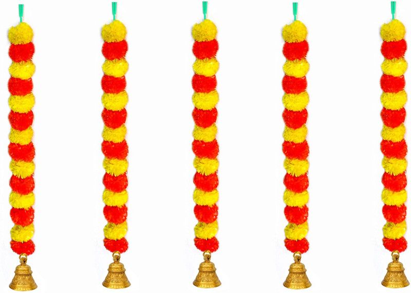 iHandikart Artificial Marigold Flowers Door Hanging Garland Color yellow & Dark Orange Multicolor Marigold Artificial Flower  (30 inch, Pack of 5, Garlands)
