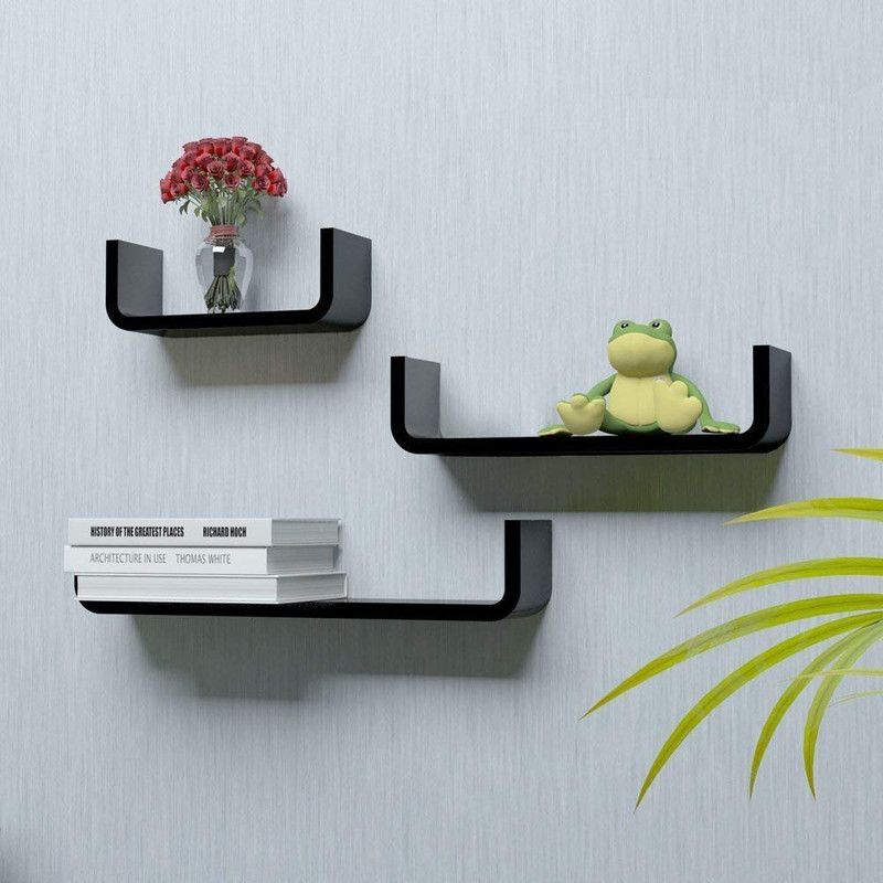 RAG Solutions Rag Solutions U-Shape Set of 3 Floating Wall Shelves for Wall Decoration and Living Room Furniture - Black Wooden Wall Shelf  (Number of Shelves - 3, Black)
