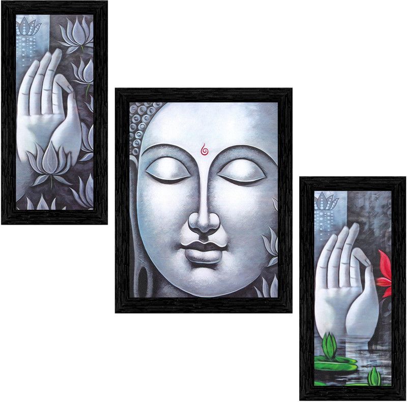 Indianara Set of 3 Gowthama Buddha with Hands Framed Art Painting (4093BK) without glass Digital Reprint 13 inch x 10.2 inch Painting  (With Frame, Pack of 3)