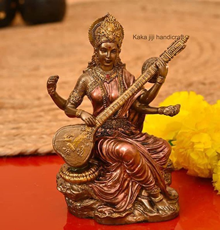shri balaji craft Handmade Copper 8 Inches Goddess saraswati Ji Murti For Puja Room & Decorations Decorative Showpiece - 20 cm  (Bronze, Multicolor)