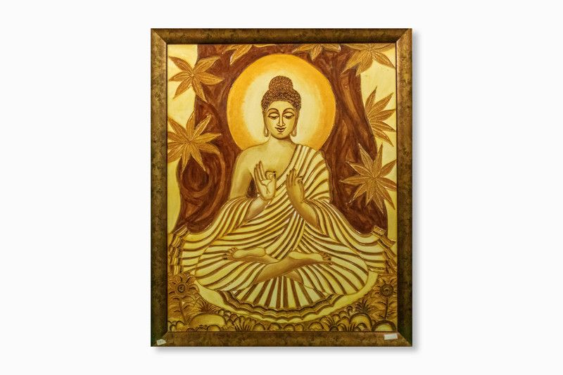 Mangala Arts Buddha Coffee Painting, 24 Carat Gold Foil Painting Natural Colors 33 inch x 27 inch Painting  (With Frame)