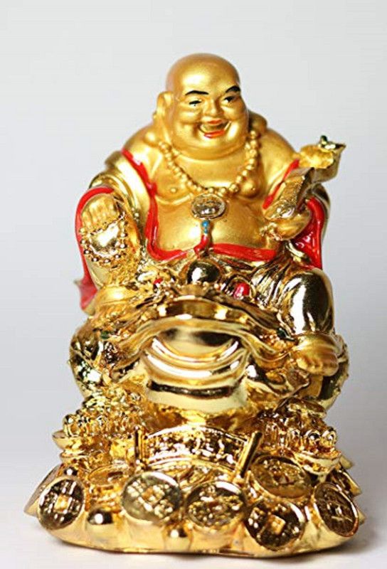 Ryme Laughing Buddha with Money Frog on Bed of Wealth for Money, Decorative Showpiece - 4 cm  (Polyresin, Gold)