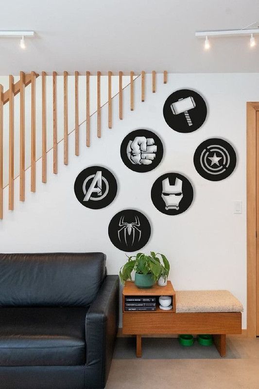 Shilpacharya Handicrafts Avengers Fan Wooden Wall Decor 6 Pcs. Set  (Black)