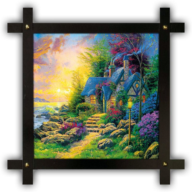Poster N Frames Cross Wooden Frame Hand-Crafted with photo of Hand Painting Landscape Scenery 26024 Digital Reprint 16.5 inch x 16.5 inch Painting  (With Frame)