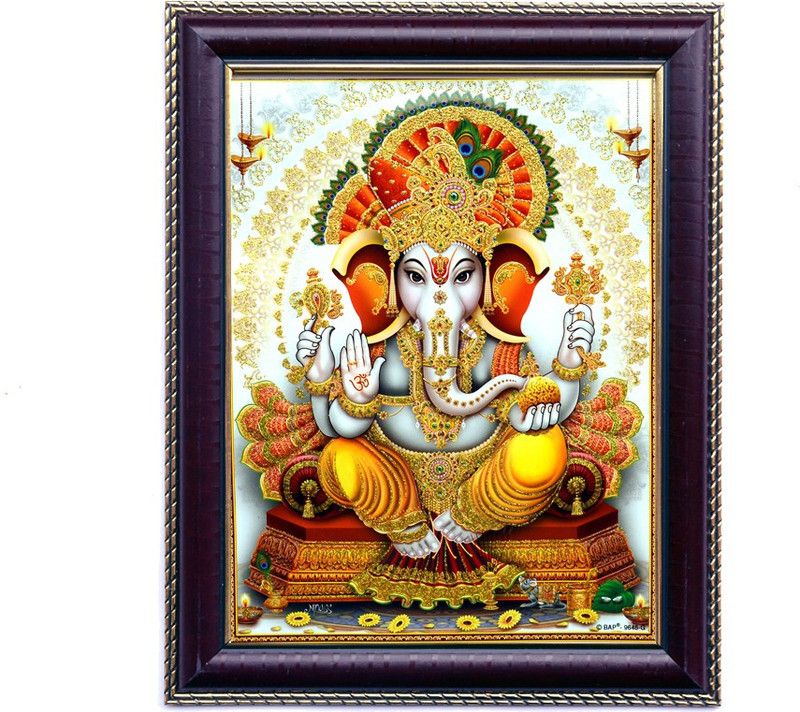 Janki God Ganesh ji Wall Hanging For Temple and Home with Frame Digital Reprint 11.811023621999999 inch x 9.645669291299999 inch Painting  (With Frame)