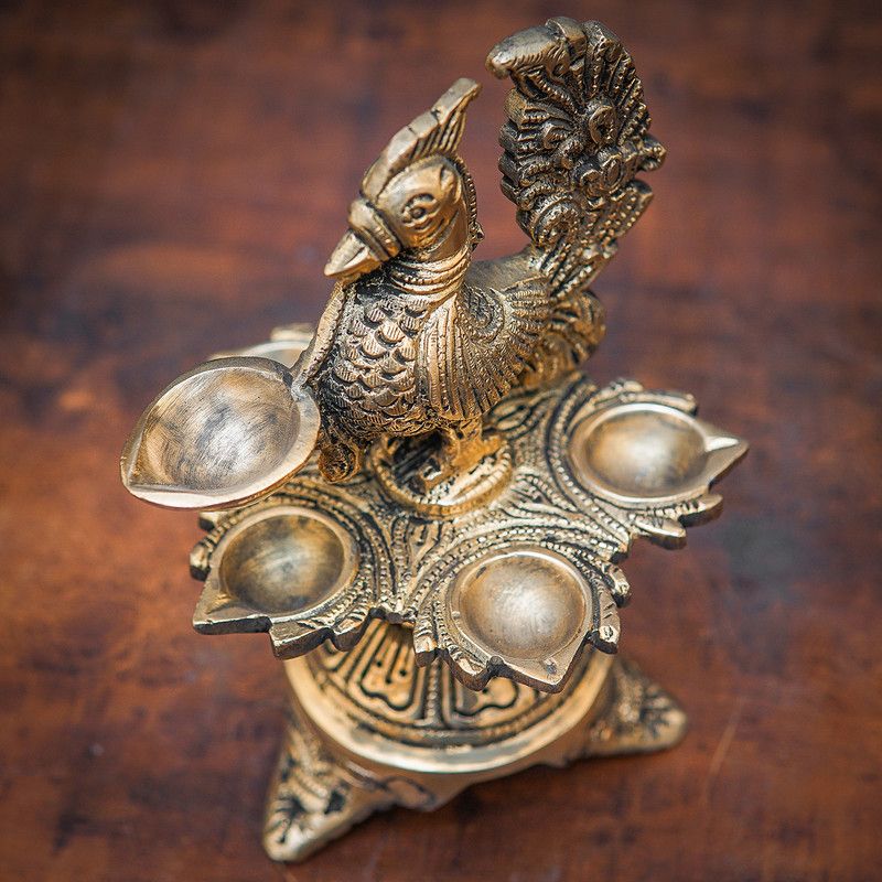 StatueStudio Brass Diya Panch Peacock Mukhi Diya Pooja Oil Lamp for Diwali Gift Home Décor Brass Table Diya  (Height: 7 inch)