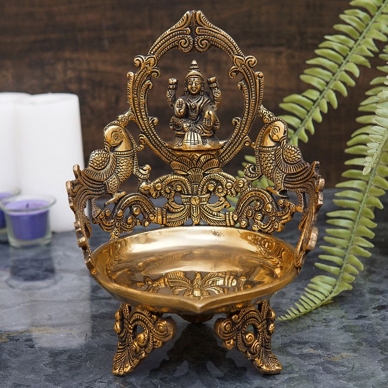 StatueStudio Brass Diya with Lakshmi Idol Pooja Oil Lamp for Home Decor Diwali Gift Brass Table Diya  (Height: 10 inch)