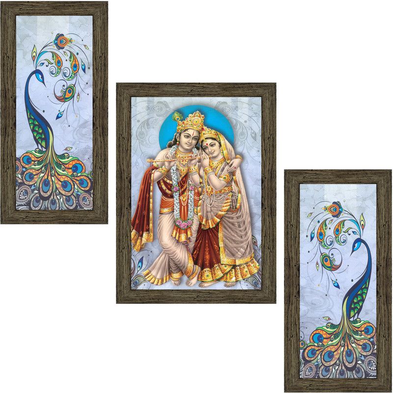 Indianara Set of 3 Radha Krishna with Peacock Framed Art Painting (3730EBY) without glass (6 X 13, 10.2 X 13, 6 X 13 INCH) Digital Reprint 13 inch x 10.2 inch Painting  (With Frame, Pack of 3)