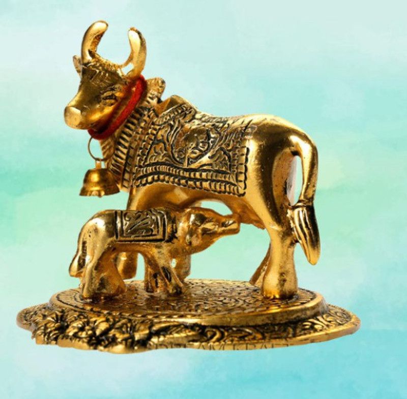 lootnixx Charriya craft Kamdhenu Cow Statue with Calf for Home Decor Gifting and Decorative Golden Metal Showpiece Decorative Showpiece Decorative Showpiece - 11 cm  (Aluminium, Gold)