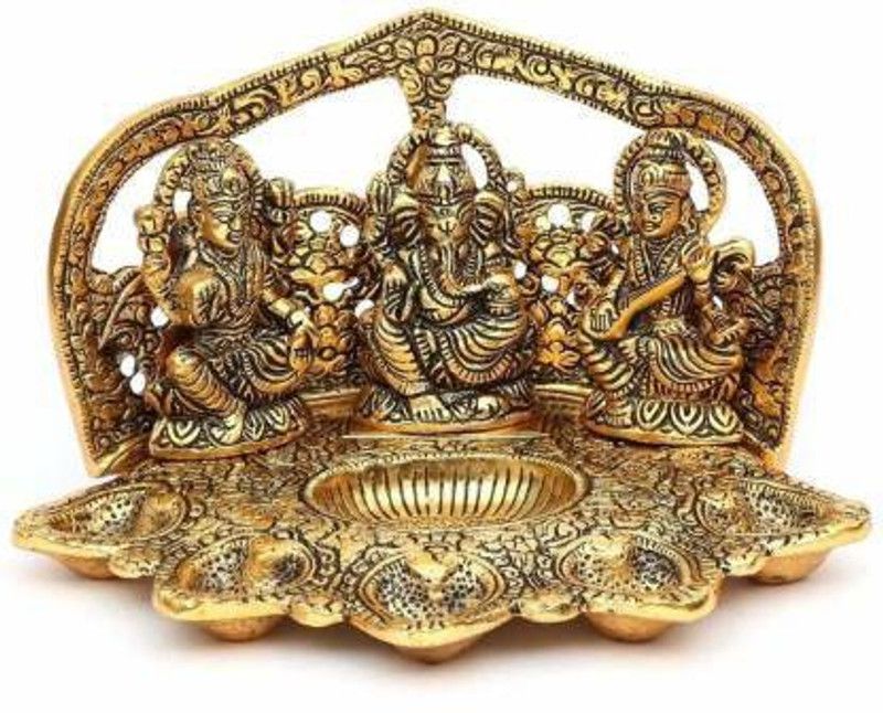 ARISERS Laxmi Ganesh Saraswati With 5 Diya Statue Idol Murti Decorative Showpiece - 10 cm  (Metal, Gold)