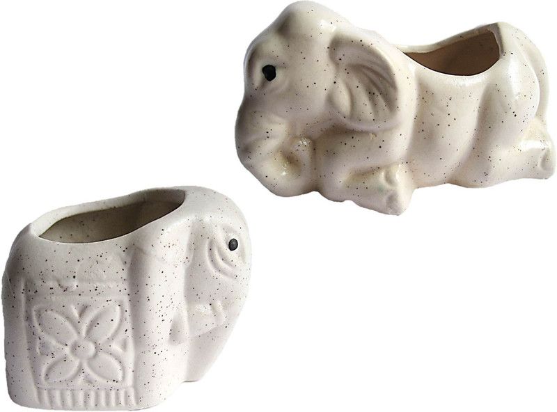 Muccasacra Pair of Elephants Ceramic Handmade Bonsai Or Flower Planter Ceramic Vase  (2.75 inch, White)