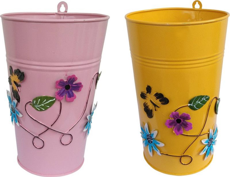 Tovick Handcrafted Indoor wall hanging 2Metal Flower vases for wall decoration with your choice of artificial flowers bunches. Iron Vase  (8.5 inch, Yellow, Pink)